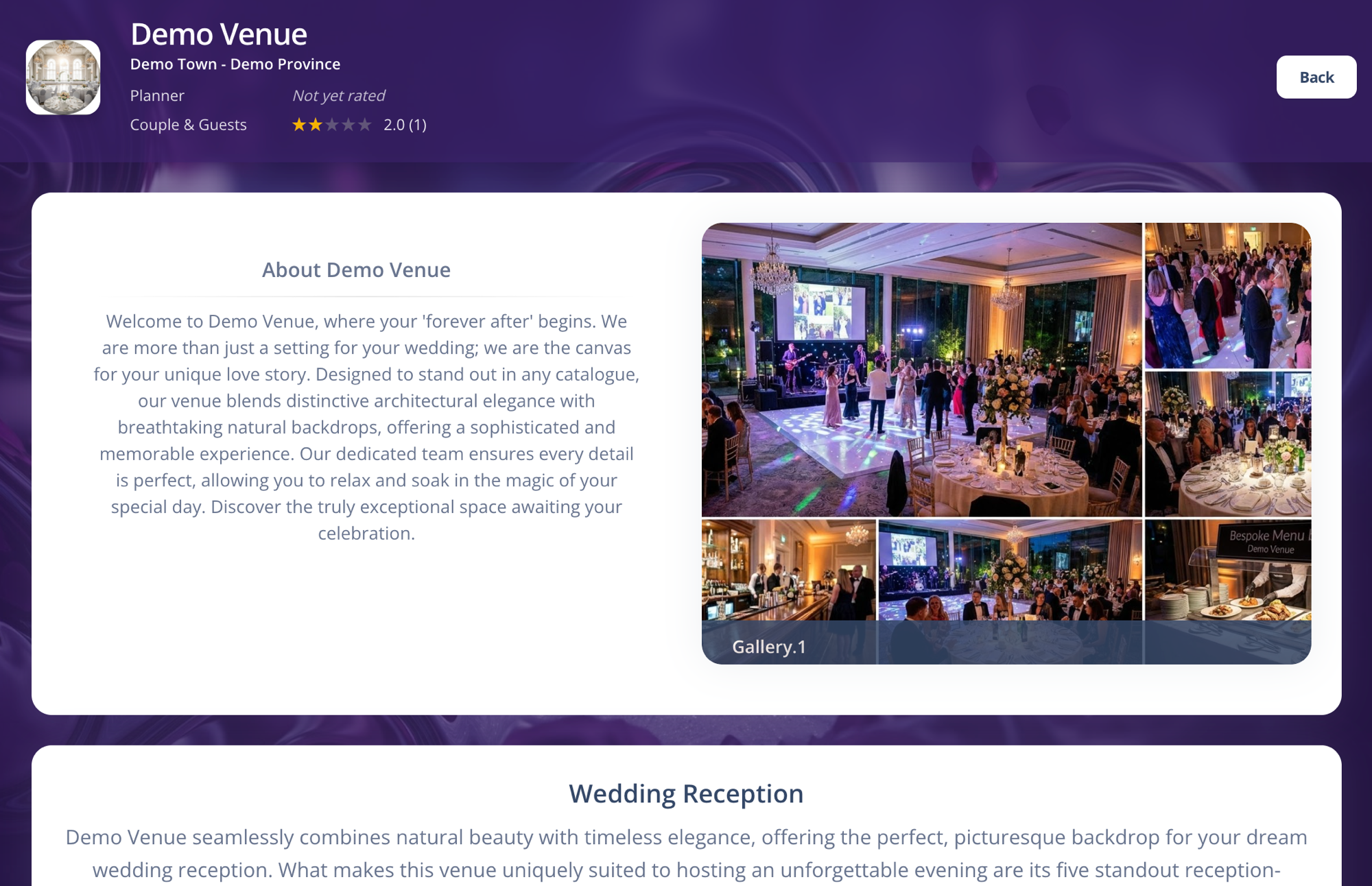A premium vendor page — a venue's showcase with gallery and description